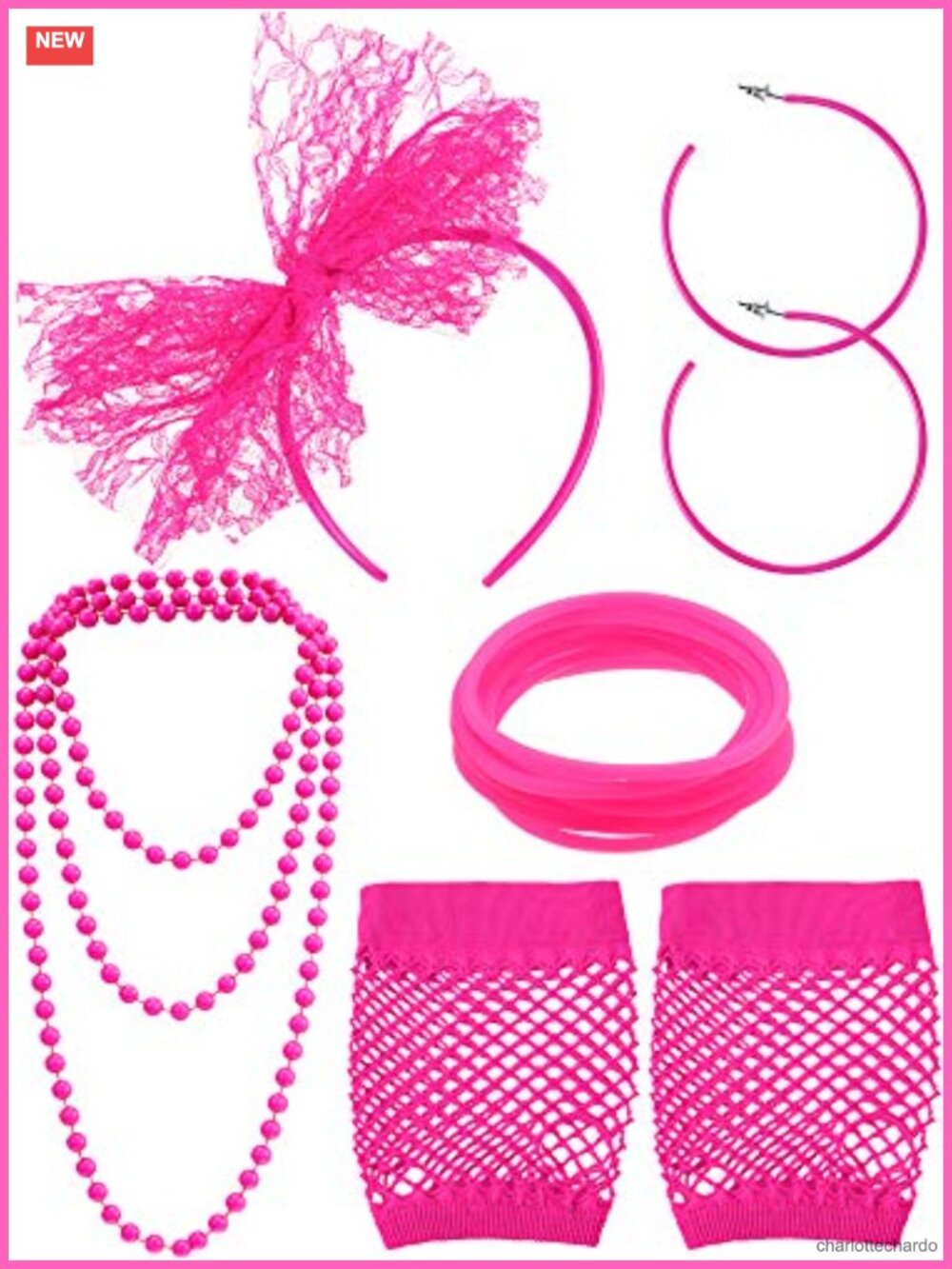80s Costume Accessory Set Lace Headband Fishnet Gloves Necklace Earrings Retro